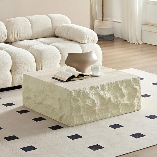 Faux Rock Coffee Table,Drum Coffee Table Fiberglass Square Tea Table for Living Room, Accent Imitation Stone Central Table No Need Assembly, Beige White