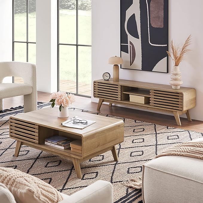 mopio Ensley Coffee Table with Storage, Mid Century Modern, Farmhouse Wood Coffee Table for Living Room Fluted (Oak)