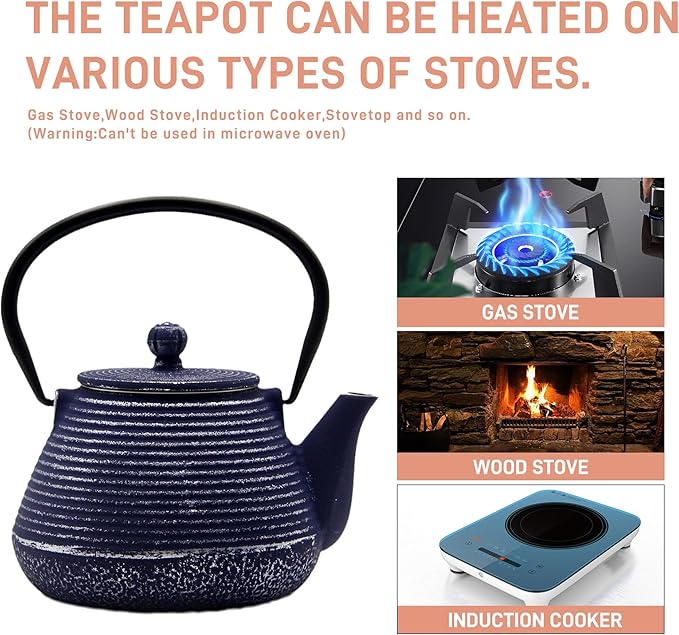 Cast Iron Teapot, 20.3oz Small, Enameled Interior, Stainless Steel Infuser for Loose Tea (Blue Pinstripe Pattern)