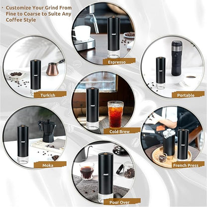 Portable Electric Coffee Grinder, Rechargeable Handheld Grinder with Stainless Steel Conical Burr, Adjustable Grind Settings, for Espresso, Moka, Pour Over, French Press, Cold Brew, Obsidian