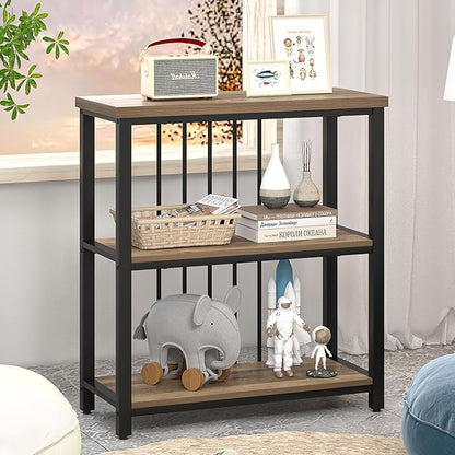 FOLUBAN Small Bookshelf and Bookcase, 3 Tier Open Book Shelf, Modern Metal and Wood Shelving Unit for Living Room Bedroom, Oak