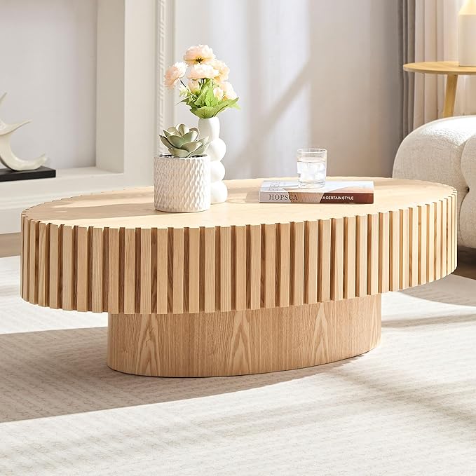43.7 Inch Oval Drum Coffee Table, Modern Handcraft Fluted Drum Coffee Table, Wooden Round Coffee Table Center Table with Sturdy Pedestal for Living Room Apartment (Natural)
