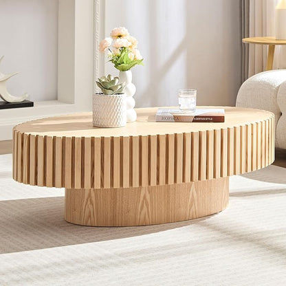 43.7 Inch Oval Drum Coffee Table, Modern Handcraft Fluted Drum Coffee Table, Wooden Round Coffee Table Center Table with Sturdy Pedestal for Living Room Apartment (Natural)