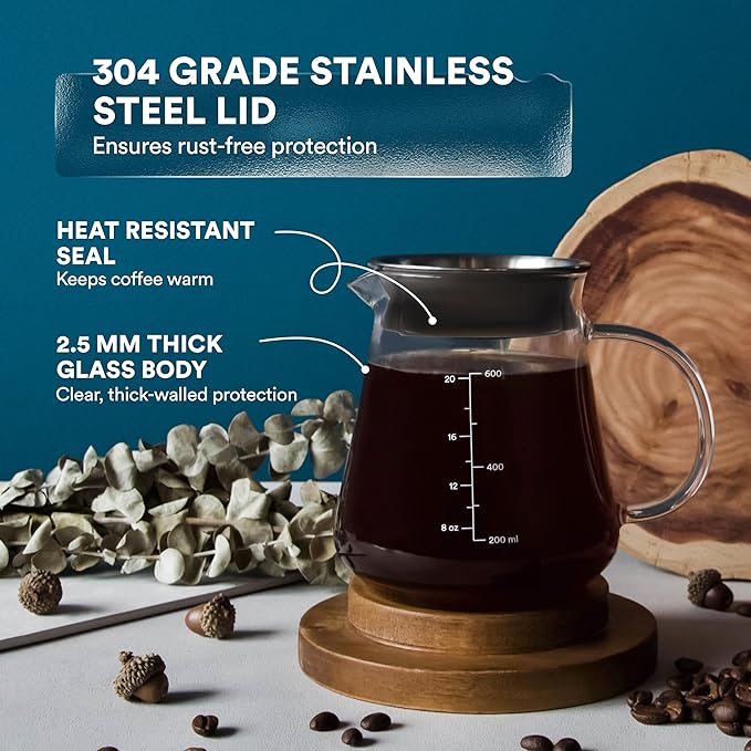 Glass Range Coffee Server For Pour Over Coffee & Tea - 600ml/20oz Ovalware Microwave Safe & Heatproof 2.5mm Thick Glass Body