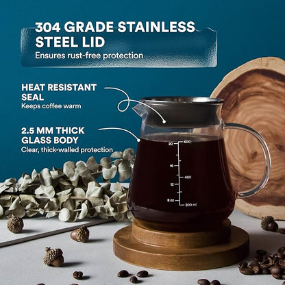 Glass Range Coffee Server For Pour Over Coffee & Tea - 600ml/20oz Ovalware Microwave Safe & Heatproof 2.5mm Thick Glass Body