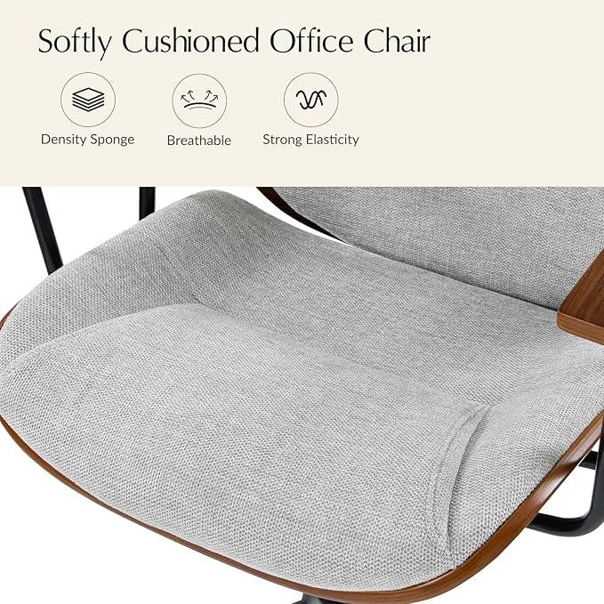 HULALA HOME Solid Wood Office Chair with Rocking Function, Comfy Fabric Desk Chair with Bent Wood and Metal Base, Height Adjustable Swivel Computer Task Chair, Grey