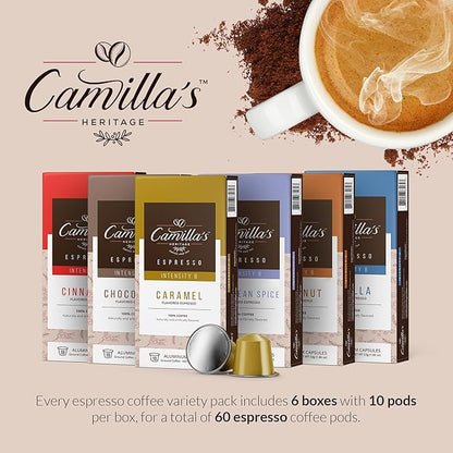 Camilla’s Heritage - Intensity 8 Flavored Espresso Coffee Variety Pack (Caribbean Spice, Cinnamon, Hazelnut, Chocolate, Caramel & Vanilla Espresso Cups) 60 Coffee Pods