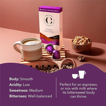 Cru Kafe Dark Roast USDA Organic Espresso Coffee Capsules (50 Pods) Fairtrade Coffee Pods Compatible with Nespresso Original Line and Pixie Machines