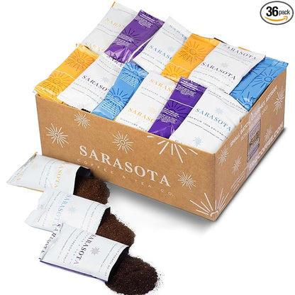 Sarasota Coffee Ground Packets | Gift Set Assorted Variety Sampler Packs | Medium, Colombian, & Dark Roast | Gourmet Low Acid Mold Free Individual Pouches for 12 Cup Coffee Maker | 2 Oz Bags, 36 Count