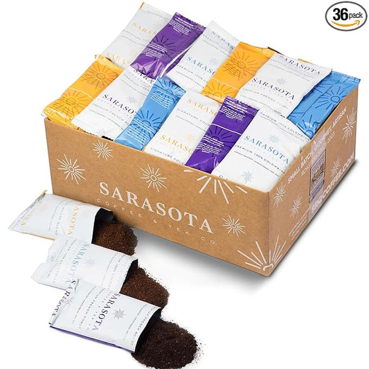 Sarasota Coffee Ground Packets | Gift Set Assorted Variety Sampler Packs | Medium, Colombian, & Dark Roast | Gourmet Low Acid Mold Free Individual Pouches for 12 Cup Coffee Maker | 2 Oz Bags, 36 Count