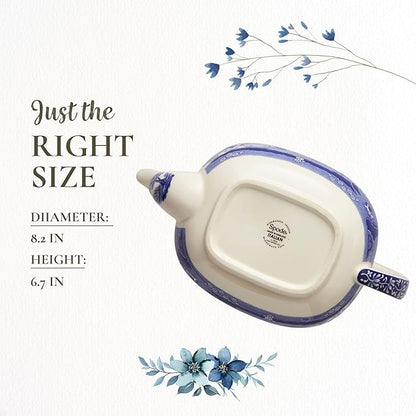 Spode Blue Italian Teapot with Infuser - 40 oz Countryside-Inspired Ceramic Teaware for Afternoon Tea, Earthenware Brunch Tableware, Vintage-Inspired Tea Party Hosting