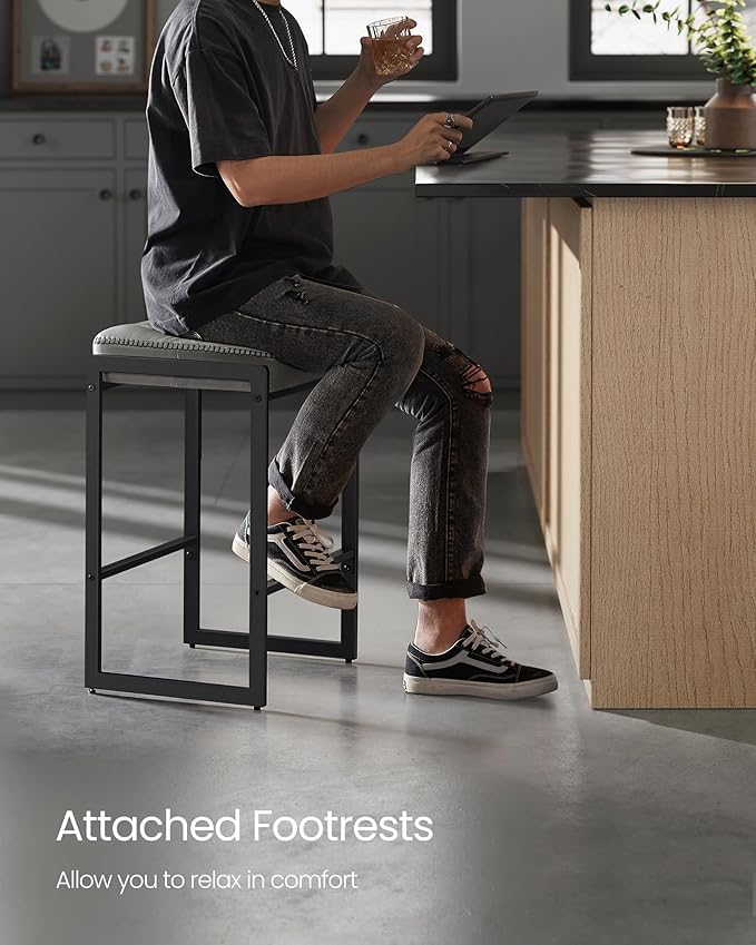 VASAGLE EKHO Collection - Bar Stools Set of 2, Counter Height Bar Stools, Synthetic Leather with Stitching, Mid-Century Modern Counter Stools, 26-Inch Tall, Kichen Home Bar Dining Room, Dove Gray