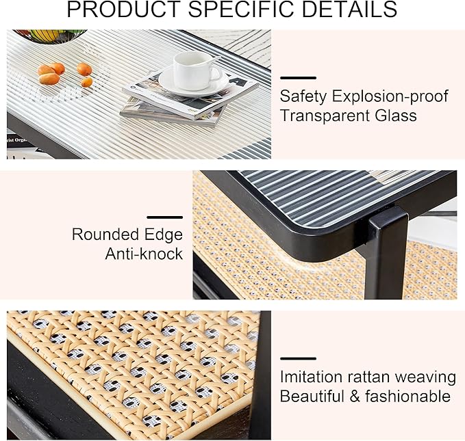 Mid Century Modern Coffee Table with Ribbed Glass Top and PE Rattan Storage Shelf, 45 Inch Rectangular Solid Wood Boho Coffe Table, Unique Center Table for Livinig Room Apartment Small Space