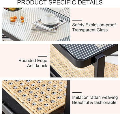 Mid Century Modern Coffee Table with Ribbed Glass Top and PE Rattan Storage Shelf, 45 Inch Rectangular Solid Wood Boho Coffe Table, Unique Center Table for Livinig Room Apartment Small Space