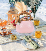 Load image into Gallery viewer, Whistling Tea Kettle,3.2Qt Stainless Steel Stove Kettle, Food Grade Teapot with Wood Pattern Handle for Coffee, Milk etc, Gas Electric Applicable (Pink)