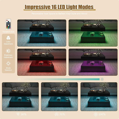 Small Black Led Coffee Table for Living Room, 23.6" Wood Square 2-Tier Storage Modern Center Table, Modern High Glossy Wooden Coffee Tables for Small Space