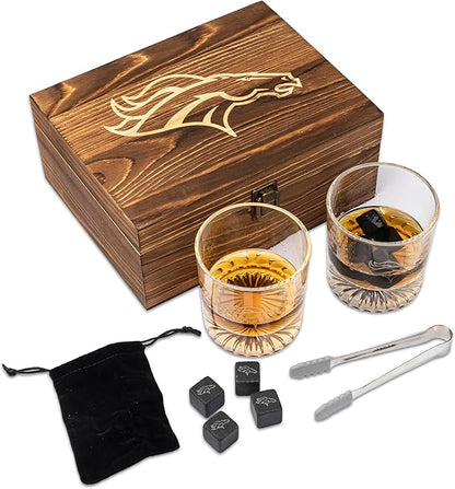 The Memory Company Officially Licensed NFL Wood Boxed Drinkware Set, with 2 Rocks Glasses and Cooling Cubes, Denver Broncos
