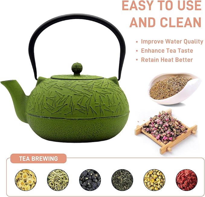 YJX 60.9oz Large Cast Iron Teapot, Big Tea Kettle for Stovetop Safe, Green Cast Iron Kettle Teapot with Stainless Steel Infuser for Loose Tea and Tea Bags(1800ml)