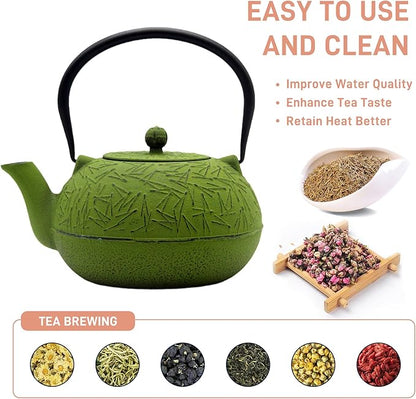 YJX 60.9oz Large Cast Iron Teapot, Big Tea Kettle for Stovetop Safe, Green Cast Iron Kettle Teapot with Stainless Steel Infuser for Loose Tea and Tea Bags(1800ml)