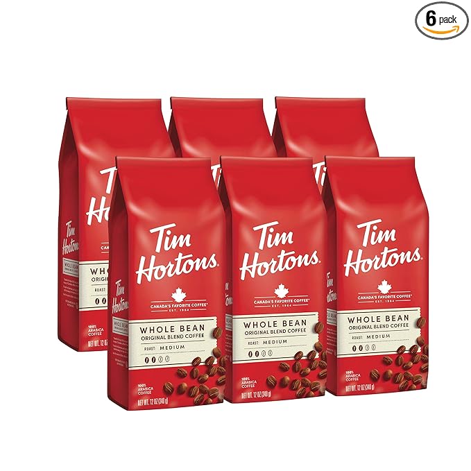 Tim Hortons Whole Bean Original, Medium Roast Coffee, Made with 100% Arabica Beans, 12 Ounce Bag, 6-Pack
