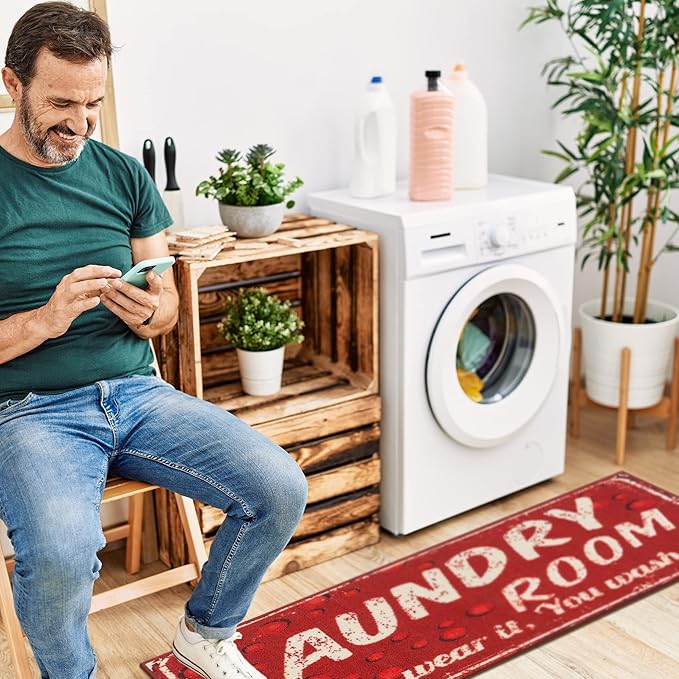 Ottomanson 20" x 59" Laundry Room Rug - Non-Slip Mat for Laundry & Mudroom - Durable, Stain-Resistant, and Easy to Clean - Perfect for High-Traffic Areas - Runner Rug for Entryway Bathroom, Red