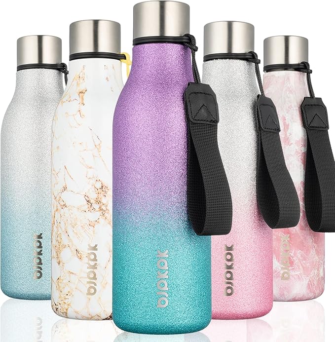 BJPKPK Insulated Water Bottles, 18 oz Stainless Steel Metal Water Bottle with Strap, BPA Free Leak Proof Jugs,Mugs,Flasks, Reusable Thermal Flasks for Sports & Travel,Sparkling Purple Green
