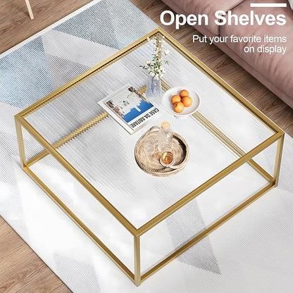 Glass Coffee Table Modern Center Table,Minimalist Coffee Table Sofa Side Tea Table for Living Room,Tempered Glass-top with Sturdy Metal Frame, Easy Assembly,26.4 x 26.4 x 15.7 Inches, Gold