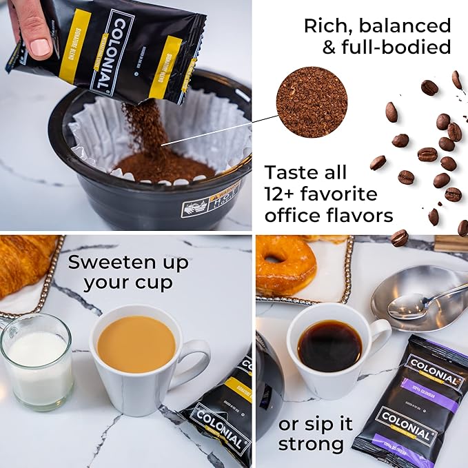 Colonial Coffee Packets, Pre Ground Coffee Packs, High Caffeine Blend, Medium - Dark Roast, Bulk Single Pot Bags for Drip Coffee Makers, (2.5 oz Bags, Pack of 100)