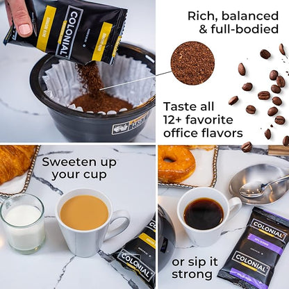 Colonial Coffee Packets, Pre Ground Coffee Packs, High Caffeine Blend, Medium - Dark Roast, Bulk Single Pot Bags for Drip Coffee Makers, (2.5 oz Bags, Pack of 100)