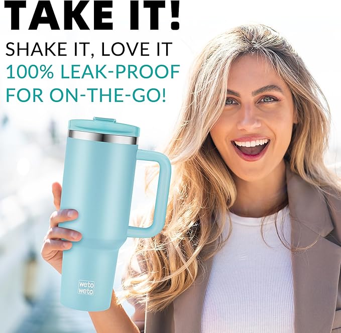 WETOWETO 40oz Tumbler with Handle and Lid | 100% Leakproof Insulated Stainless Steel Travel Mug | Keeps Cold 34Hrs/Hot 10Hrs | Dishwasher Safe, Fits Car Cup Holder (Sky Blue Color)