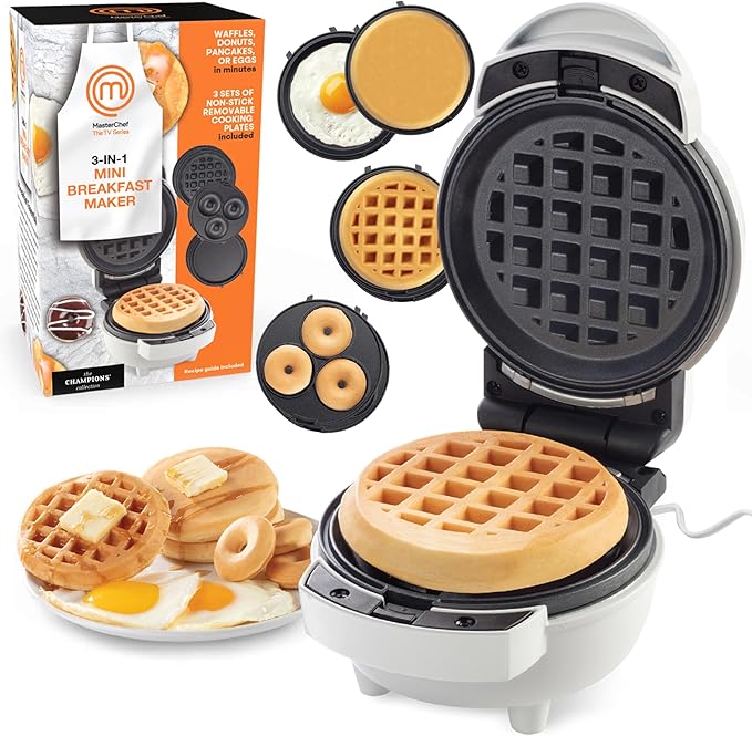 MasterChef 3-in-1 Mini Holiday Breakfast Maker- Make Eggs Pancakes Donuts Waffles & More in 1 Easy to Use Appliance! 3 Removable NonStick Cooking Plates for Quick Cleaning Storing- Compact Cooker Gift