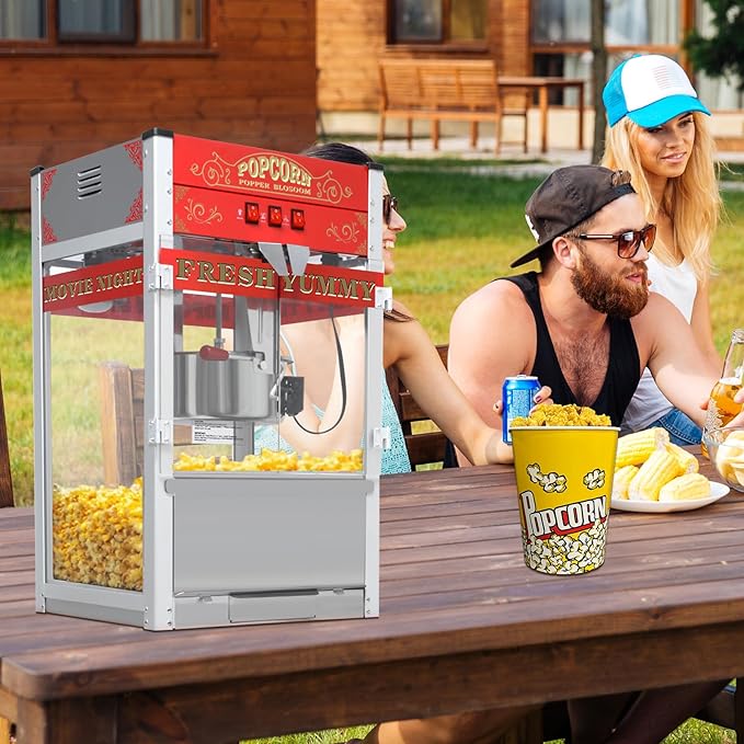 Commercial Popcorn Machine with Cart, Wheels & 20 Oz Kettle,Popcorn Popper Machine Vintage Style Movie Theater Popcorn Maker Machine for Parties, Events, Commercial, and Home Theater