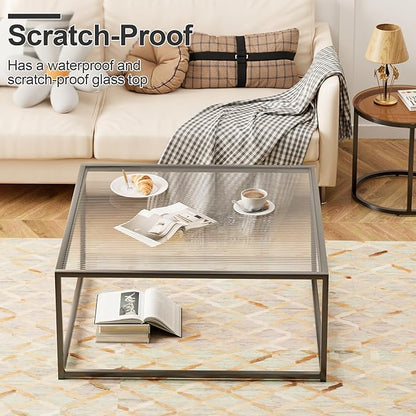 Glass Coffee Table Modern Center Table,Minimalist Coffee Table Sofa Side Tea Table for Living Room,Tempered Glass-top with Sturdy Metal Frame, Easy Assembly,26.4 x 26.4 x 15.7 Inches, Black