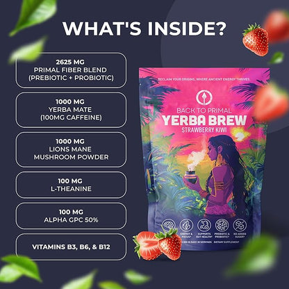 Yerba Mate Instant Tea Powder - Strawberry Kiwi, 4-in-1 Functional Blend, Supports Energy, Focus and Gut Health - Nootropic, Prebiotic & Probiotic Mix with Vitamin B3, B6 & B12 | 30 Servings