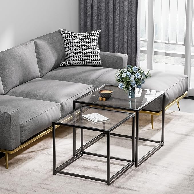 Glass Nesting Coffee Table Set of 2, Modern Minimalist Center Tables, Living Room Coffee Tables for Home, Office, Bedroom, Small Spaces, Space-Saving, Black