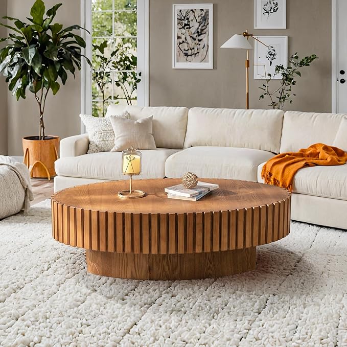 Handmade Oval Grooved Drum-Shaped Coffee Table、Rustic Modern Circular Centerpiece for Living Room & Farmhouse Decor、Easy to Clean (C Wood 43in)