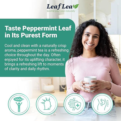 LeafLea 40 Peppermint Tea Bags, Natural Peppermint Leaf Herbal Tea with Cool Taste, Te De Menta for Gentle Digestive Support, Te De Hierba Buena, Caffeine-Free, Sugar-Free, Vegan, Individually Wrapped