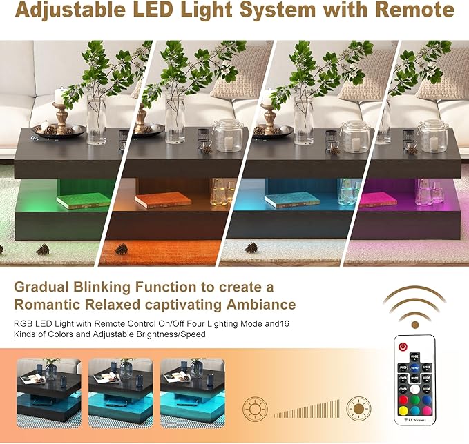 Black Led Coffee Table for Living Room, Square Living Room Table with Storage, Wooden Center Table Modern High Glossy Coffee Tables with 16 Colors LED Lights for Dining Room