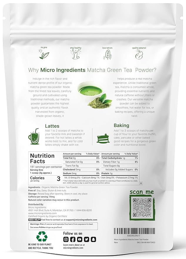 Micro Ingredients Organic Matcha Green Tea Powder, 1 lb | First Harvest, Culinary Grade from Japan | 100% Pure & Unflavored | Great for Tea, Latte & Smoothies | Non-GMO, No Sugar, Eco-Friendly Packaging