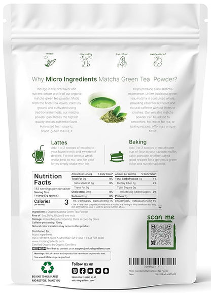 Micro Ingredients Organic Matcha Green Tea Powder, 1 lb | First Harvest, Culinary Grade from Japan | 100% Pure & Unflavored | Great for Tea, Latte & Smoothies | Non-GMO, No Sugar, Eco-Friendly Packaging