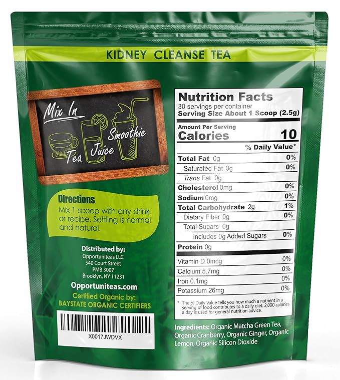 Opportuniteas Organic Kidney Cleanse Detox & Repair Tea - Matcha Green Tea, Cranberry, Lemon & Ginger. 4 Cleansing Superfoods For Drinks. Vegan & Non-GMO - 60 Servings