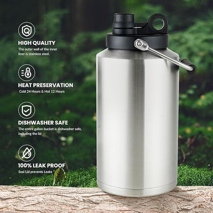 1 Gallon Water Jug Bottle Insulated, 128oz Stainless Steel Water Bottle Wide Mouth Double Vacuum Dishwasher Safe BPA Free for Hot & Cold Drinks Stainless Steels