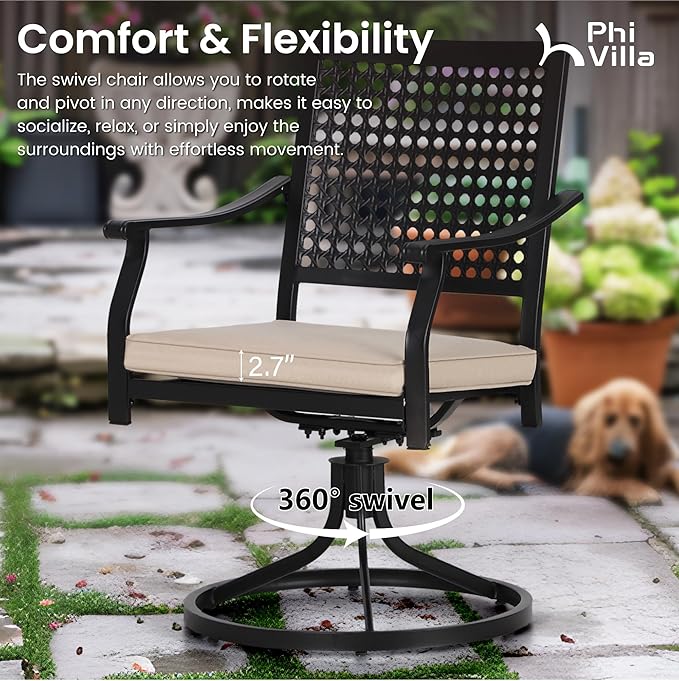 PHI VILLA Patio Swivel Dining Chairs Set of 2, Outdoor Chair with Cushions, Patio Furniture Chair with Armrest, Black