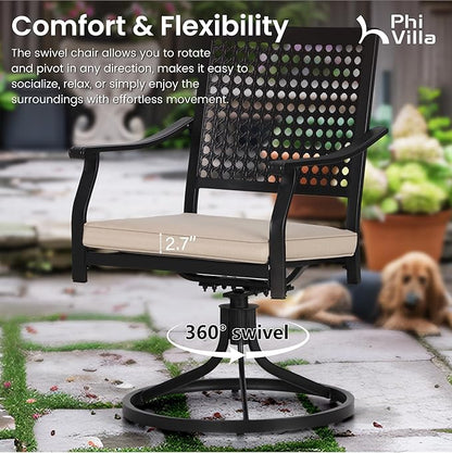 PHI VILLA Patio Swivel Dining Chairs Set of 2, Outdoor Chair with Cushions, Patio Furniture Chair with Armrest, Black