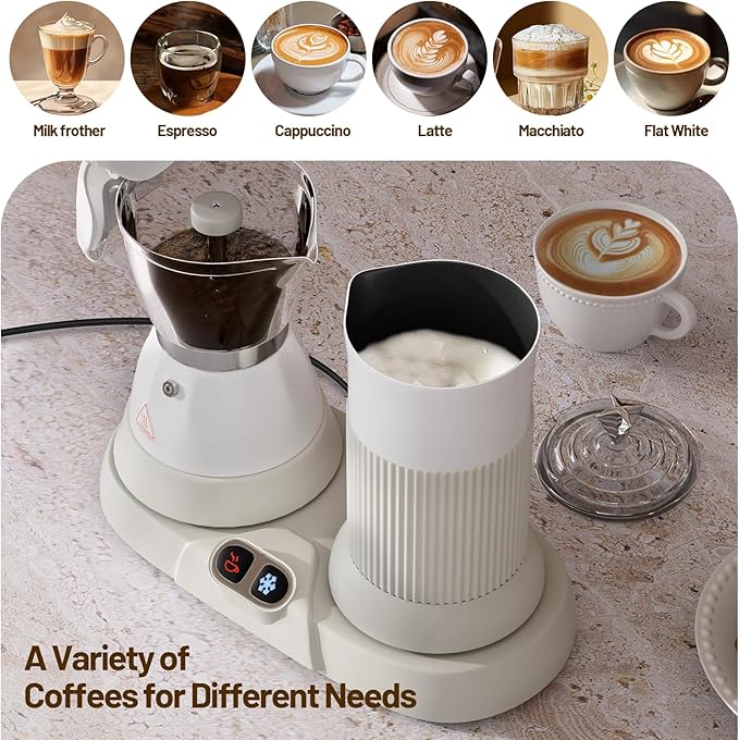 Electric Espresso Machine with Milk Frother 2 in 1 Efficient Moka Pot Coffee Maker with Milkfroth Aluminum One-Touch Operation for Effortless Cappuccinos Lattes Macchiatos White