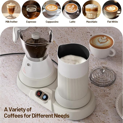 Electric Espresso Machine with Milk Frother 2 in 1 Efficient Moka Pot Coffee Maker with Milkfroth Aluminum One-Touch Operation for Effortless Cappuccinos Lattes Macchiatos White