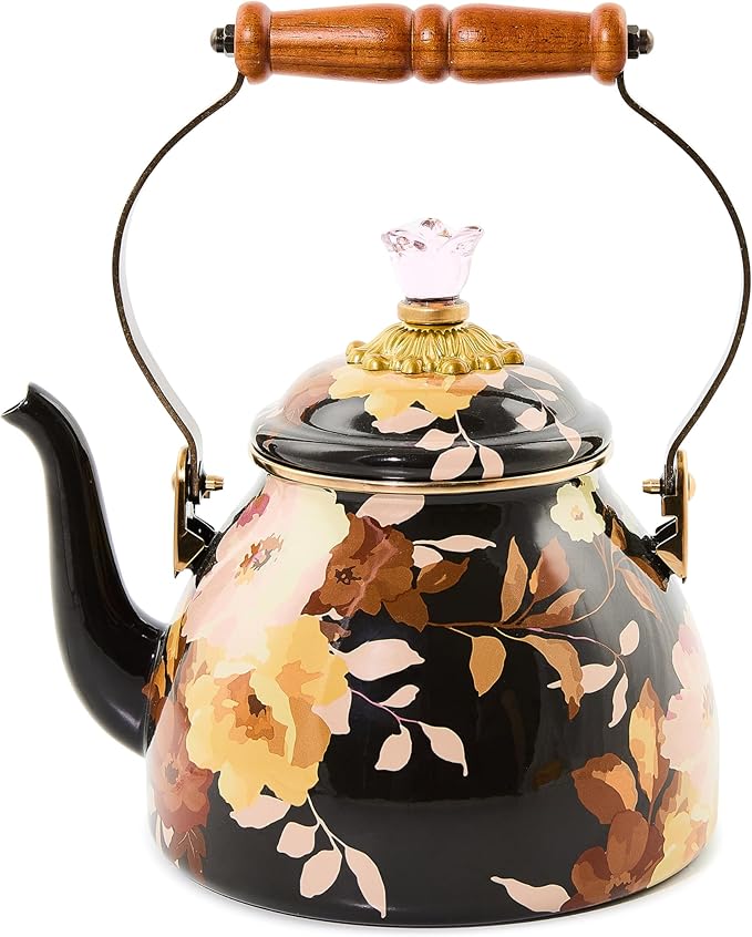 MACKENZIE-CHILDS Enamel Tea Kettle, Cute Tea Kettle for Stovetop, 2 Quarts, Wild Rose Brown