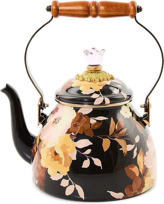 MACKENZIE-CHILDS Enamel Tea Kettle, Cute Tea Kettle for Stovetop, 2 Quarts, Wild Rose Brown