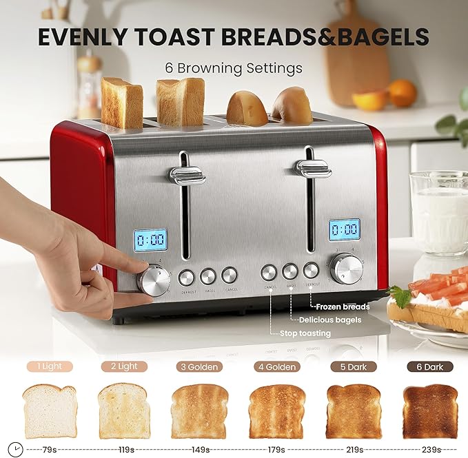 Roter Mond Countdown Stainless Steel 4 Slice Toaster with Bagel, Defrost, Cancel Function, Dual Toaster, Extra Wide Slots, 6 Shade Settings, Removable Crumb Trays, 1650W, Red