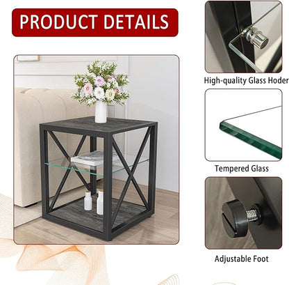 Rustic End Table for Living Room 17.7" Bedroom Nightstand, Modern Tempered Glass Shelf & Wood MDF Top Square Side Table 1 Piece, Industrial Style Grey